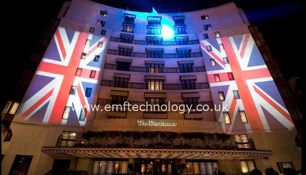 Massive Union Jack Flags projected onto The Dorchester for Help for Heroes / Fashion for the Brave
